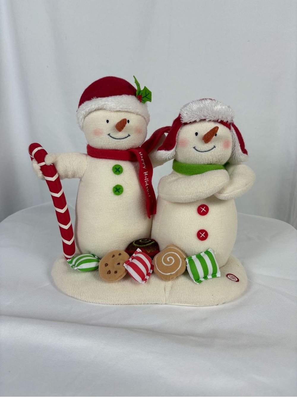 Hallmark 2008 Cream Snowman Pair with Red Hats and Green Accents